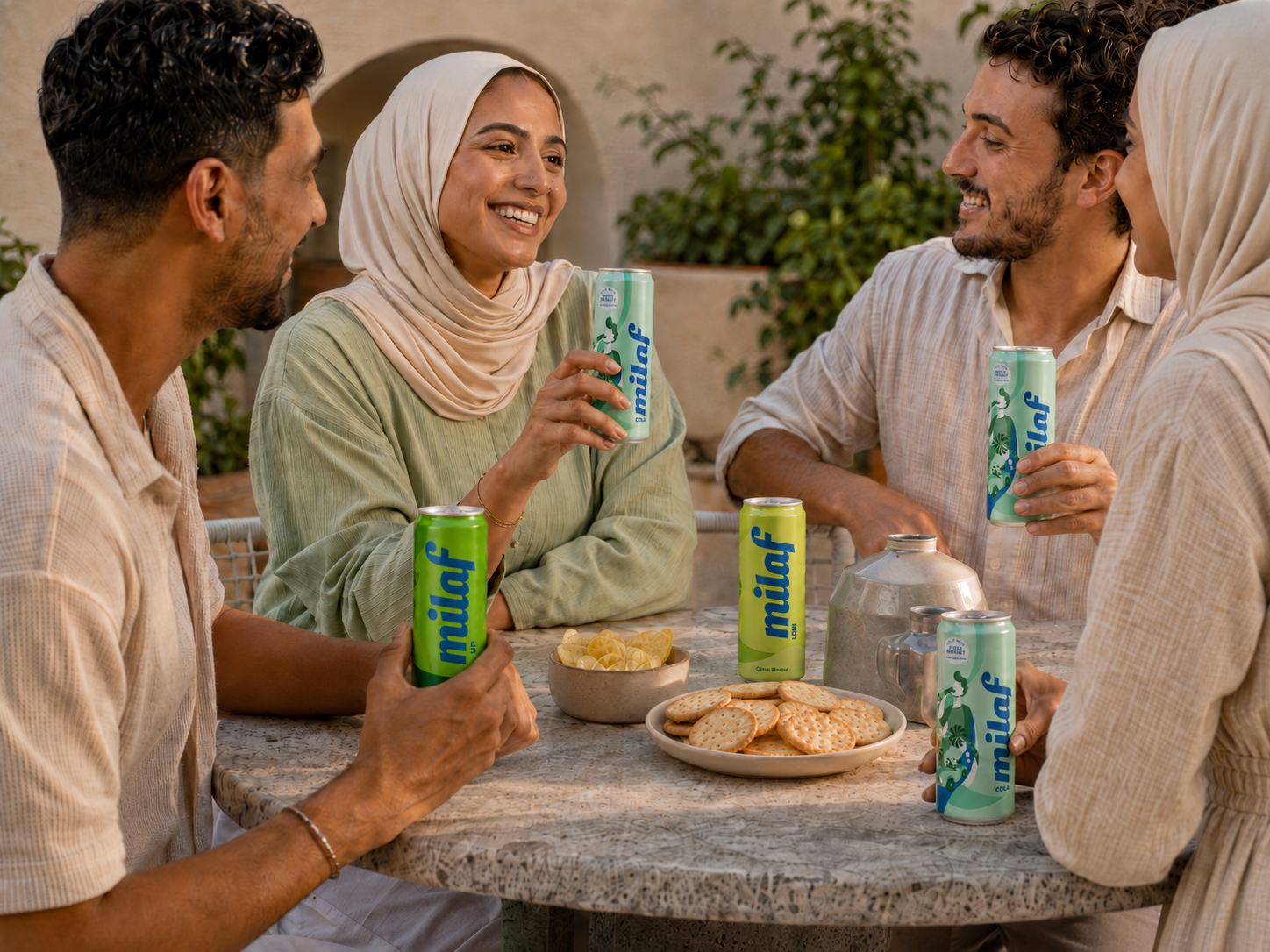 Friends sharing Milaf around a table