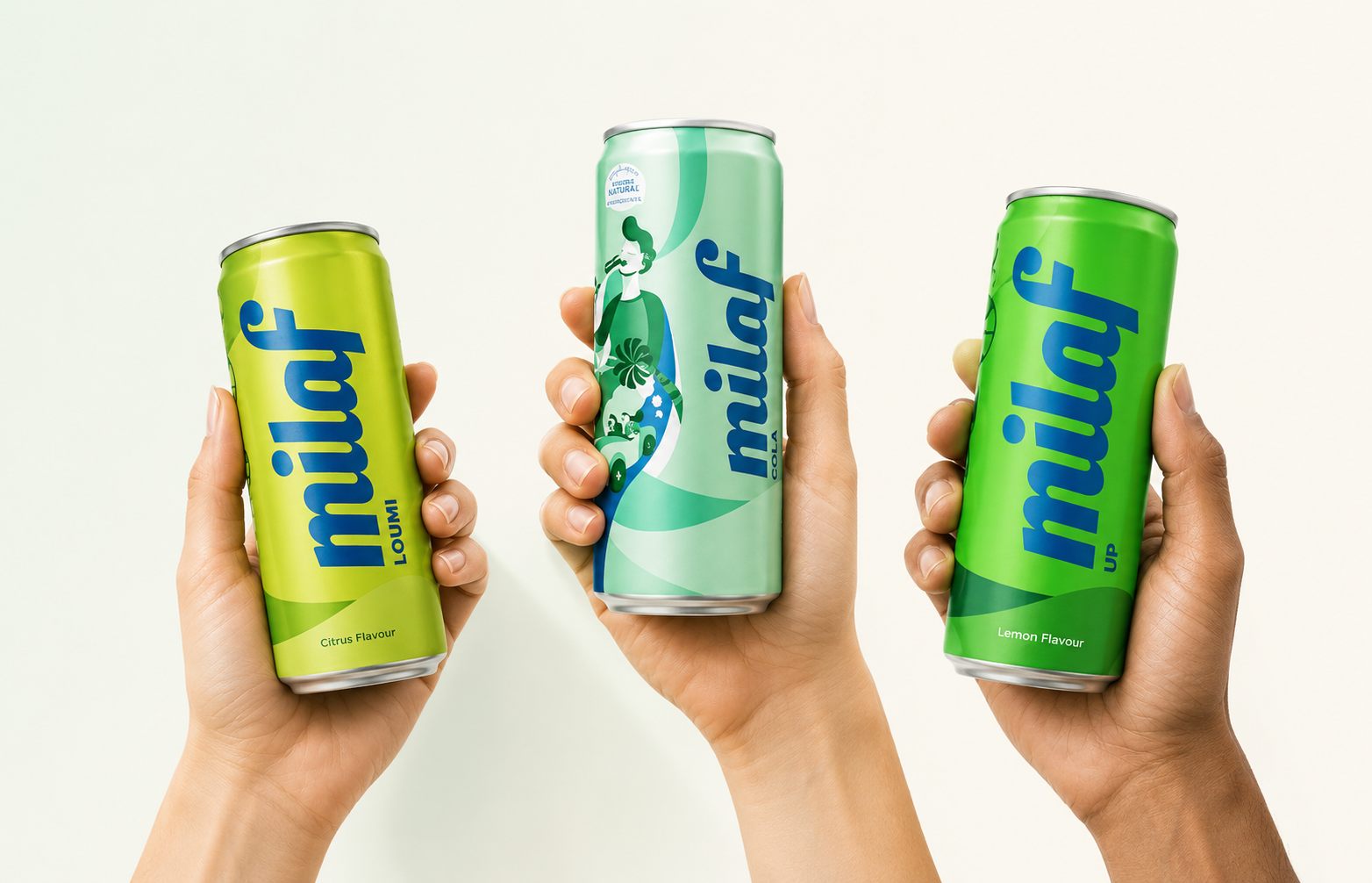 Three hands holding Milaf Loumi, Cola, and Up cans
