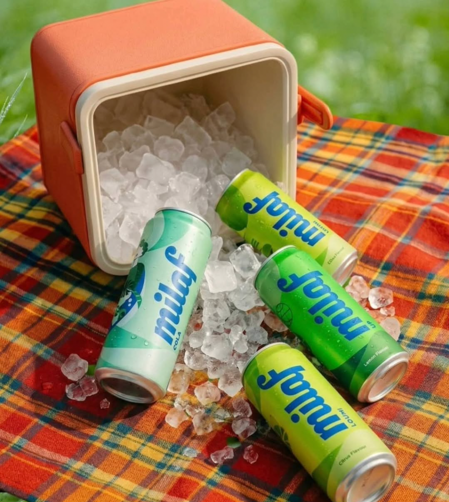 Milaf cans on ice at a picnic
